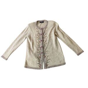 Paramour Bead Embellished Cardigan Sweater Beige Angora Blend Long Sleeve Large